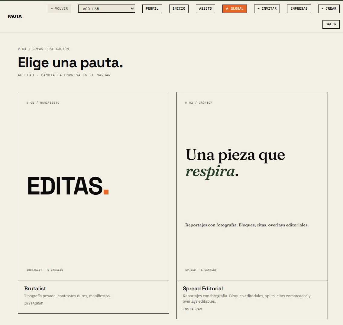 Pauta editor: elige una pauta editorial entre opciones brutalist y editorial.